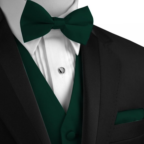 Men's Formal Wedding Prom Homecoming Tuxedo Vest Bow-Tie Hankie - Hunter Satin - Picture 1 of 4